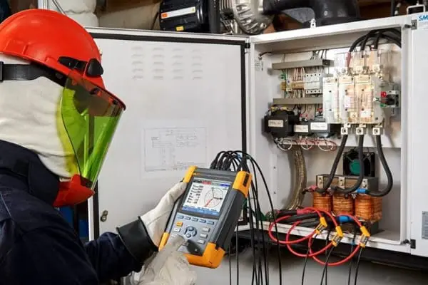 Um eletricista fazendo teste de qualidade de energia no estabelecimento